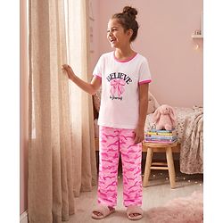 Pine Kids Single Jersey Knit Half Sleeves T-Shirt & Pyjama Night Suit with Bow & Camouflage Print - White