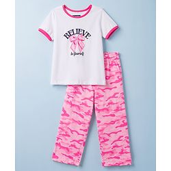Pine Kids Single Jersey Knit Half Sleeves T-Shirt & Pyjama Night Suit with Bow & Camouflage Print - White