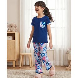 Pine Kids Single Jersey Knit Half Sleeves T-Shirt & Pajama Night Suit With Floral Print - Navy Blue