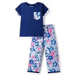 Pine Kids Single Jersey Knit Half Sleeves T-Shirt & Pajama Night Suit With Floral Print - Navy Blue