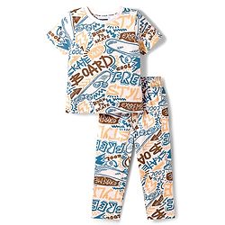 Pine Kids Cotton Knit Half Sleeves T-Shirt & Pyjama Co-ord Night Suit With Graffiti Print - White