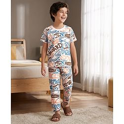 Pine Kids Cotton Knit Half Sleeves T-Shirt & Pyjama Co-ord Night Suit With Graffiti Print - White
