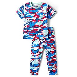 Pine Kids Cotton Knit Half Sleeves T-Shirt & Pyjama Co-ord Night Suit With Camouflage Print - White