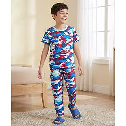 Pine Kids Cotton Knit Half Sleeves T-Shirt & Pyjama Co-ord Night Suit With Camouflage Print - White