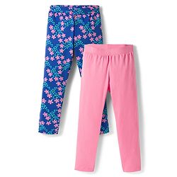 Pine Kids Cotton Lycra Knit Leggings with Floral Print Pack of 2 - Navy Blue & Pink