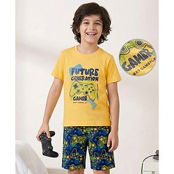 Pine Kids Cotton Knit Half Sleeves Shorts Night Suit With Text Print - Yellow