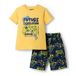 Pine Kids Cotton Knit Half Sleeves Shorts Night Suit With Text Print - Yellow
