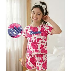 Pine Kids Cotton Knit Half Sleeves Shorts Night Suit With Floral Print - White & Red