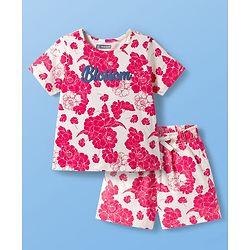 Pine Kids Cotton Knit Half Sleeves Shorts Night Suit With Floral Print - White & Red