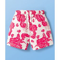 Pine Kids Cotton Knit Half Sleeves Shorts Night Suit With Floral Print - White & Red
