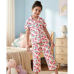 Pine Kids Cotton Knit Half Sleeves Shirt & Capri Night Suit With Floral Print - White