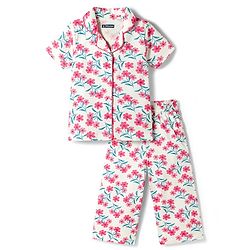 Pine Kids Cotton Knit Half Sleeves Shirt & Capri Night Suit With Floral Print - White