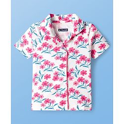 Pine Kids Cotton Knit Half Sleeves Shirt & Capri Night Suit With Floral Print - White