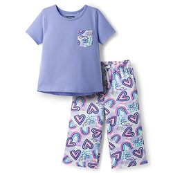 Pine Kids Cotton Knit Half Sleeves Capri Night Suit With Heart Print - Lavender