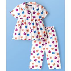 Pine Kids Cotton Knit Half Sleeves T-Shirt & Capri Night Suit With Floral Print - White