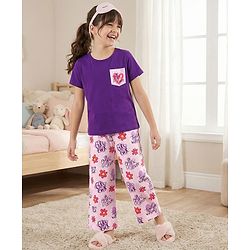 Pine Kids Cotton Knit Half Sleeves Capri Night suit With Floral Print - Lavender