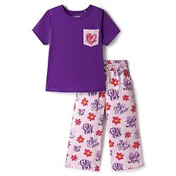 Pine Kids Cotton Knit Half Sleeves Capri Night suit With Floral Print - Lavender