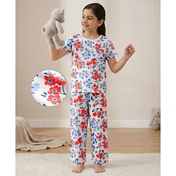 Pine Kids Cotton Knit Half Sleeves Co-Ord Capri Night Suit with Floral Print - White