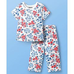 Pine Kids Cotton Knit Half Sleeves Co-Ord Capri Night Suit with Floral Print - White