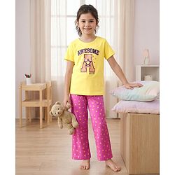 Pine Kids Cotton Knit Half Sleeves Capri Night Suit With Text Print - Lemon