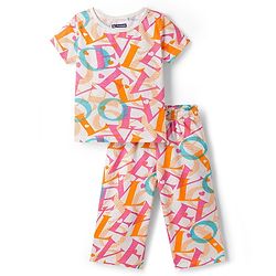Pine Kids Cotton Knit Half Sleeves Co-ords Capri Night Suit With Text Print - White