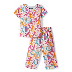Pine Kids 100% Cotton Knit Half Sleeves Alphabet Printed T-Shirt & Capri Co-Ord Night Suit - White