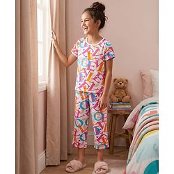 Pine Kids 100% Cotton Knit Half Sleeves Alphabet Printed T-Shirt & Capri Co-Ord Night Suit - White