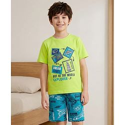 Pine Kids Cotton Knit Half Sleeves Shorts Night Suit with Space Theme Print - Limegreen