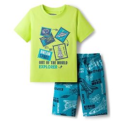 Pine Kids Cotton Knit Half Sleeves Shorts Night Suit with Space Theme Print - Limegreen