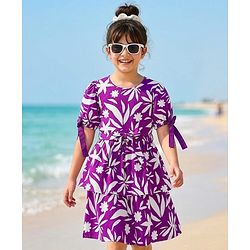 Pine Kids Woven Half Sleeves Floral Printed Layered Frock - Purple