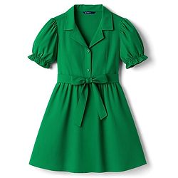 Pine Kids Poplin Woven Half Puffed Sleeves Solid Color Front Open Dress with Belt - Green