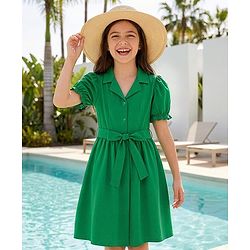 Pine Kids Poplin Woven Half Puffed Sleeves Solid Color Front Open Dress with Belt - Green