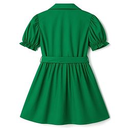 Pine Kids Poplin Woven Half Puffed Sleeves Solid Color Front Open Dress with Belt - Green