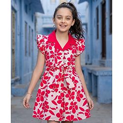 Pine Kids Woven Frill Sleeves Floral Printed Frock with Belt - Dark PInk