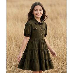 Pine Kids Cotton Woven Half Sleeves Solid Frock - Olive Green