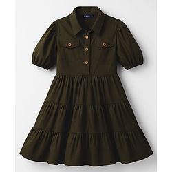 Pine Kids Cotton Woven Half Sleeves Solid Frock - Olive Green