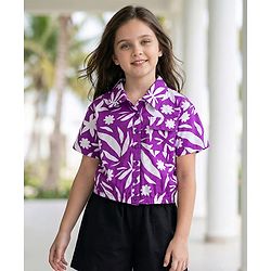 Pine Kids Cotton Woven Half Sleeves Top with Tropical Theme Print - Purple