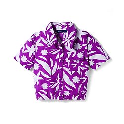 Pine Kids Cotton Woven Half Sleeves Top with Tropical Theme Print - Purple
