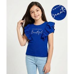 Pine Kids Cotton Lycra Knit Half Sleeves Top With Text Print - Royal Blue