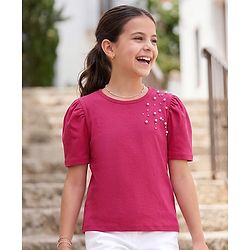 Pine Kids Cotton Lycra Knit Half Sleeves Top with Pearl Detailing - Dark Red