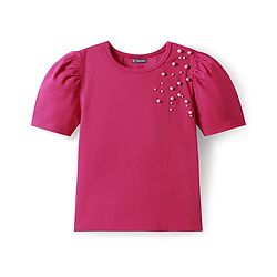 Pine Kids Cotton Lycra Knit Half Sleeves Top with Pearl Detailing - Dark Red