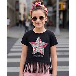 Pine Kids Cotton Knit Half Sleeves Top with Sequin Detailing - Black