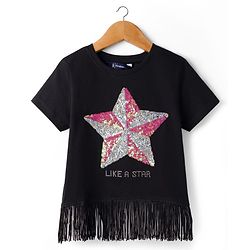 Pine Kids Cotton Knit Half Sleeves Top with Sequin Detailing - Black