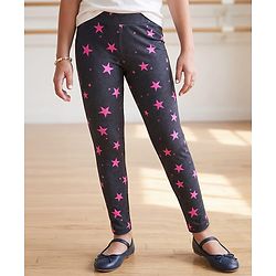 Pine Kids Cotton Lycra Knit Full Length Leggings With Star Print - Black