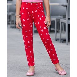 Pine Kids Cotton Lycra Knit Full Length Leggings With Butterfly Print - Red