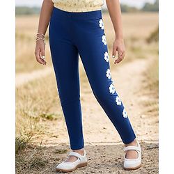 Pine Kids Cotton Lycra Knit Full Length Leggings With Floral Print - Navy Blue