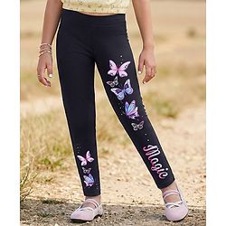Pine Kids Cotton Lycra Knit Full Length Leggings With Butterfly Print - Black