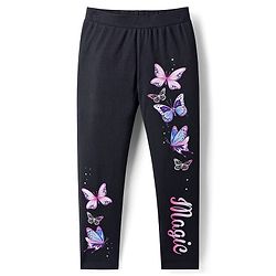 Pine Kids Cotton Lycra Knit Full Length Leggings With Butterfly Print - Black