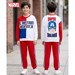 Pine Kids Marvel Terry Knit Drop Shoulder Full Sleeves Cut & Sew Oversized Sweatshirt & Track Pant Set with Captain America Graphic - Red & White