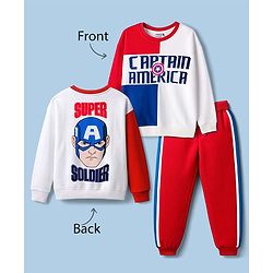 Pine Kids Marvel Terry Knit Drop Shoulder Full Sleeves Cut & Sew Oversized Sweatshirt & Track Pant Set with Captain America Graphic - Red & White
